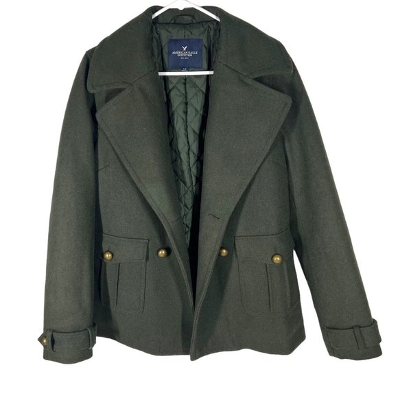 American Eagle Peacoat Women L Army Green Winter Fall Miliatary Wool Jacket Coat - Picture 2 of 16